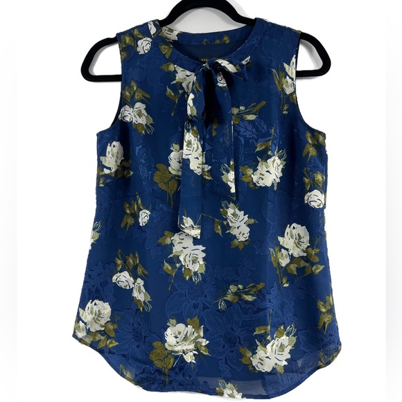 Talbot Navy Floral Sleeveless Tie Neck Blouse Size XS - Picture 4 of 10